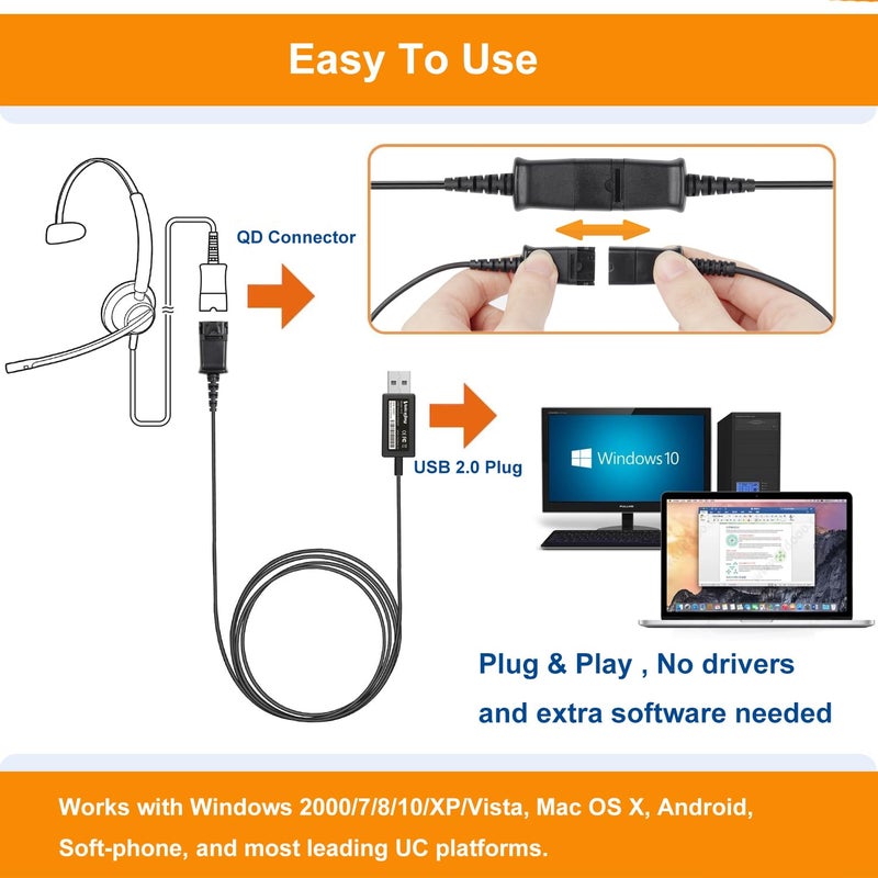 VoiceJoy Call Center Headset Quick Disconnect QD Cable to USB Plug Adapter for Plantronics QD Connector to Any Computer Laptop - Image 5